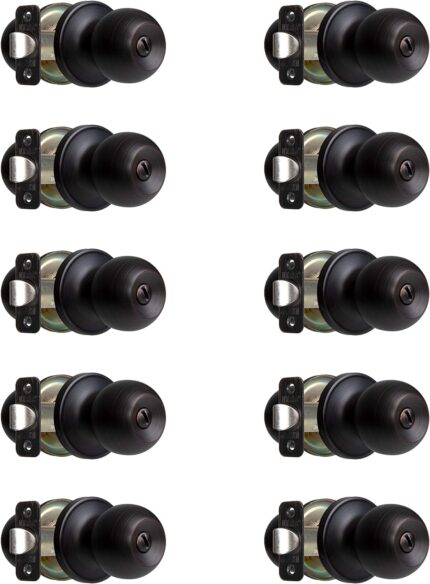 Ilyapa Privacy Door Knobs for Bed and Bath- Ball Style, Oil Rubbed Bronze Interior Keyless Turn Thumb Locking Round Door Handle, Oil Rubbed Bronze Door Knobs with Lock, 10 Pack Interior Door Knobs