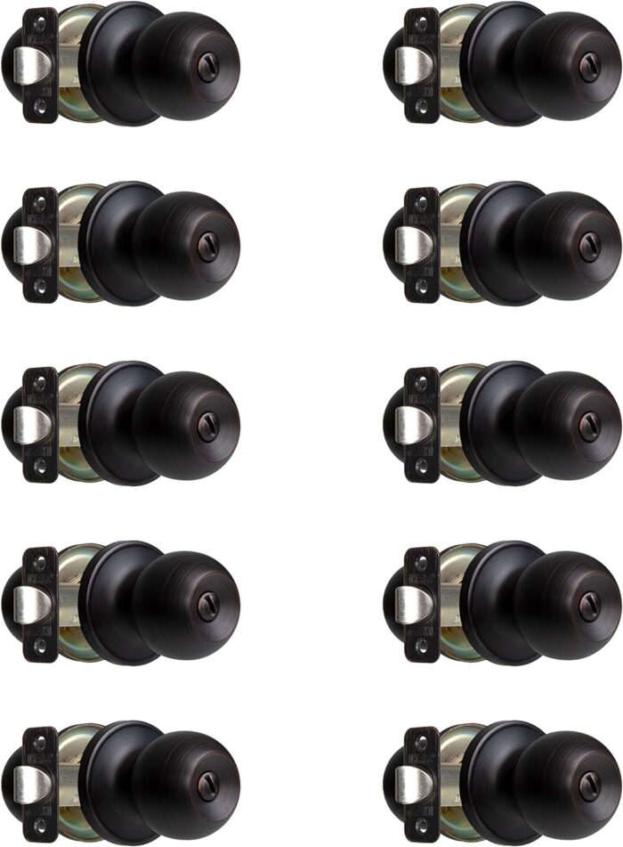 Ilyapa Privacy Door Knobs for Bed and Bath- Ball Style, Oil Rubbed Bronze Interior Keyless Turn Thumb Locking Round Door Handle, Oil Rubbed Bronze Door Knobs with Lock, 10 Pack Interior Door Knobs