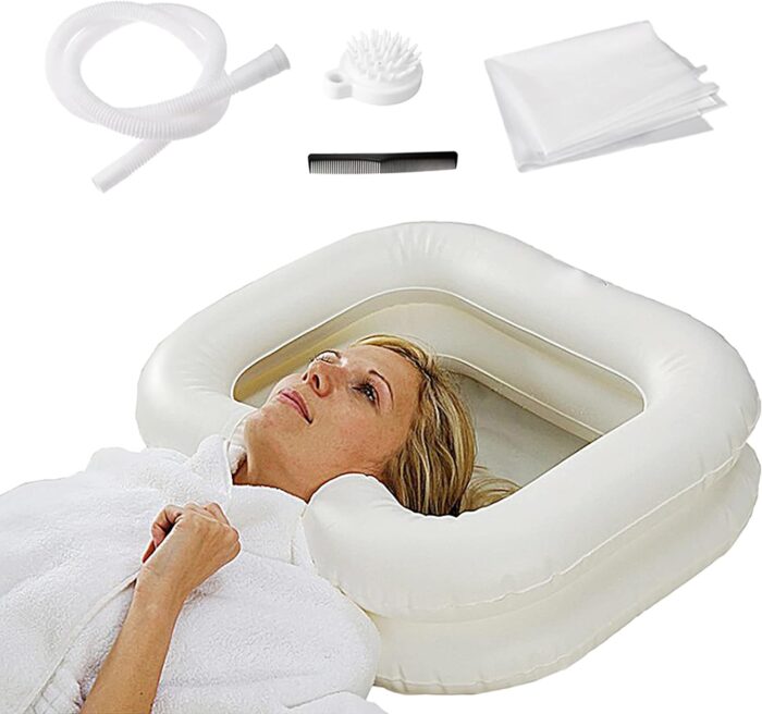 Inflatable Shampoo Basin for Bedside, Shampoo Tub for Locs, Portable Shampoo Bowl for Elderly, Disabled, Pregnant, Injured, Bedridden, Handicapped, Hair Washing Tray for Sink at Home (White)