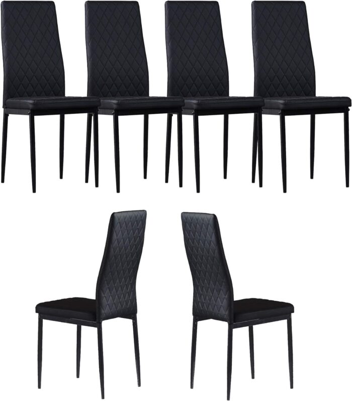 JT Modern Minimalist Dining Chair Fireproof Leather Sprayed Metal Pipe Diamond Grid Pattern Restaurant Home Conference Chair Set of 4 Or 6 (6, Black)