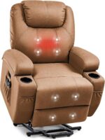 JUMMICO Power Lift Recliner Chair with Heat and Massage for Elderly Faux Leather Modern Reclining Sofa Chair with Cup Holders, Remote Control, Adjustable Furniture (Light Brown)