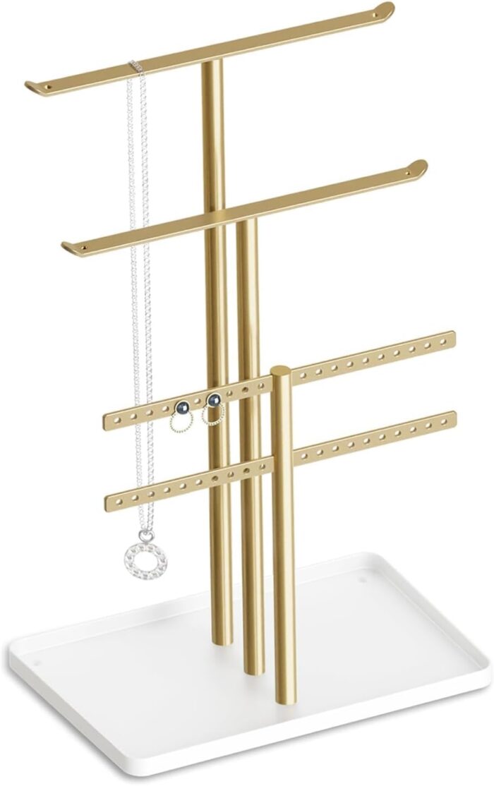 Jewelry Holder Organizer, 12.5'' Tall Sturdy Metal Stand, 3-Tier Jewelry Hanger for Necklace, Earring, Bracelet, Ring, for Display and Storage, Aesthetic Room Decor, Gold Jewlery Tree with White Tray