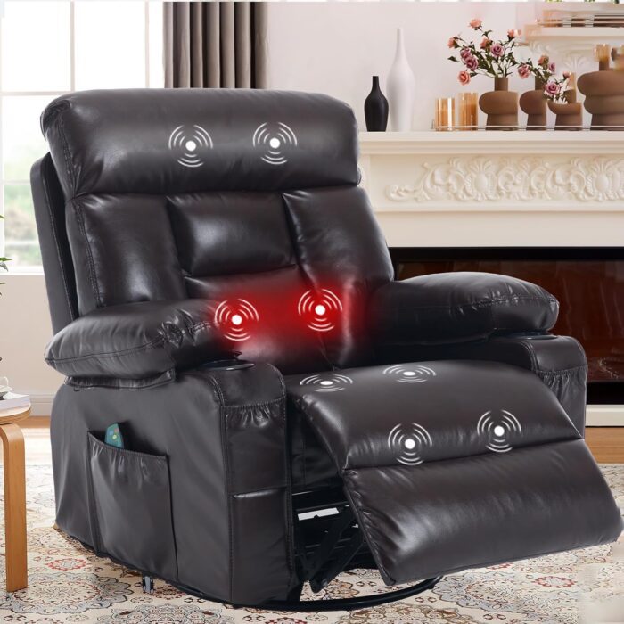 KCREAM Rocker Recliner Chair with Heat and Massage, Ergonomic Rocking Lounge 360 Degree Swivel Leather Single Sofa Seat with Remote Control & Cup Holders & Side Pockets for Living Room (Brown)