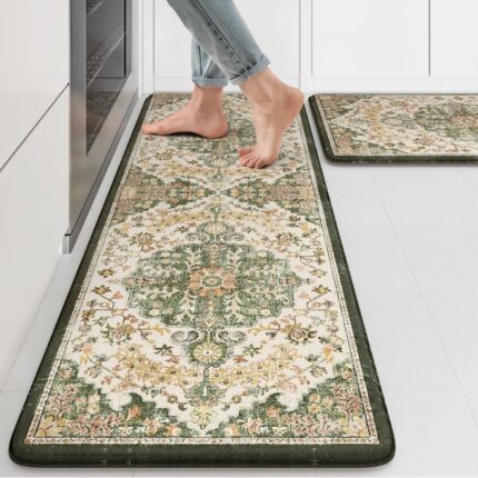 KIMODE Kitchen Mats Cushioned Anti Fatigue, 17"x47"+17"x29" Boho Vintage Kitchen Rugs Sets of 2, Non-Slip Kitchen Mats for Floor, Padded Kitchen Floor Mat for Sink, Laundry, Desk Green/Yellow