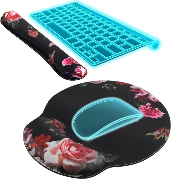 KTRIO Ergonomic Mouse Pad with Wrist Support, Comfortable Keyboard Wrist Rest, Memory Foam Wrist Pad for Keyboard, Mouse Pad Sets for Easy Typing & Pain Relief for Computer, Office & Home, Red Flower