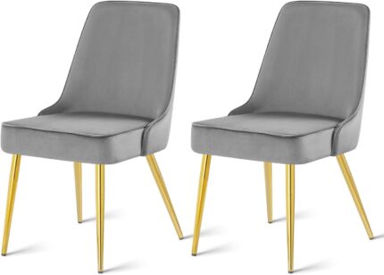 KithKasa Velvet Dining Sets of 2 Upholstered Mid-Century Modern Chair with Gold Legs for Kitchen Room,Gray