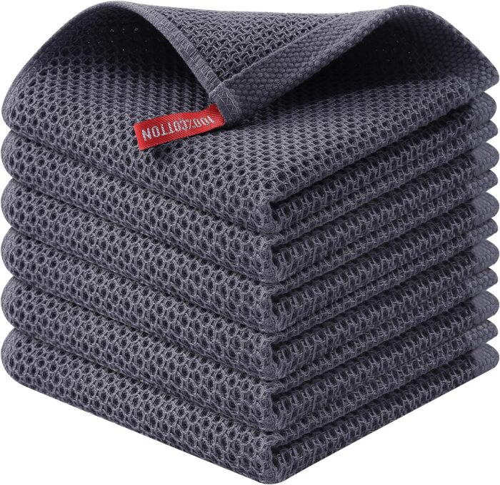 Kitinjoy 100% Cotton Kitchen Dish Cloths, 6 Pack Waffle Weave Ultra Soft Absorbent Dish Towels for Drying Dishes Quick Drying Kitchen Towels Dish Rags, 12 X 12 Inches, Dark Grey