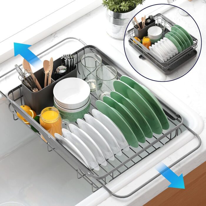 Kitsure Dish Drying Rack- Space-Saving Dish Rack, Dish Racks for Kitchen Counter and Sink, Stainless Steel Kitchen Drying Rack with a Cutlery Holder,12''W x 14''~23''L, Grey