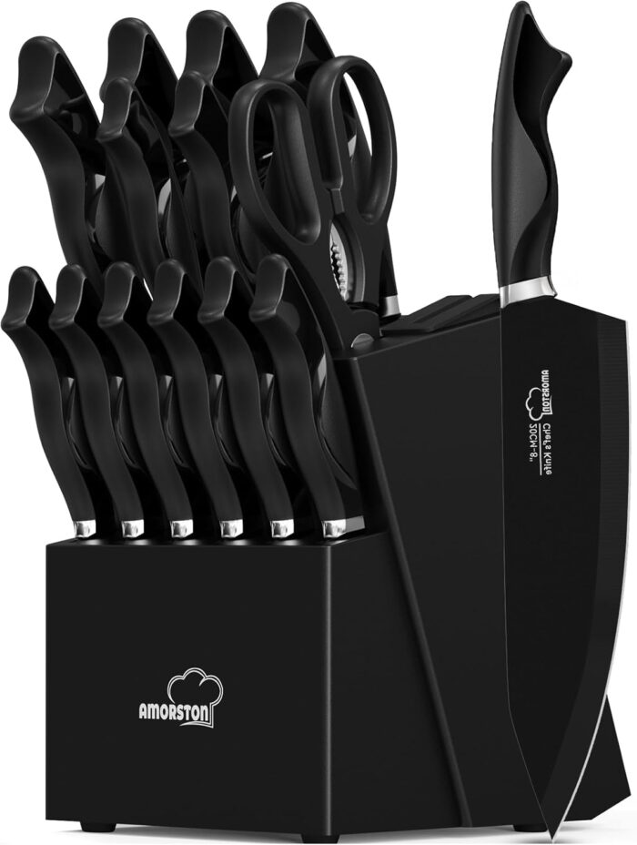 Knife Set, 15 Pieces Kitchen Knife Set with Built in Sharpener, German High Carbon Stainless Steel Knife Block Set, Dishwasher Safe, Black