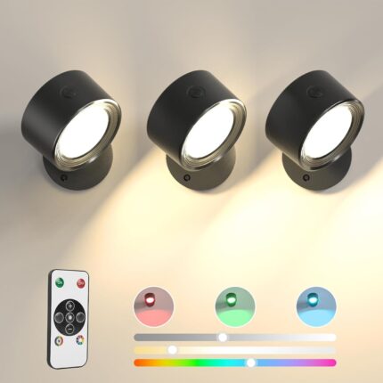 LED Wall Lights 3 Pcs with Remote, RGB Ambience Wall Sconces Lamp 3000mAh Rechargeable Battery Operated, 3 Color Temp & Dimmable Magnetic 360° Rotation Cordless Light for Living Room Bedside