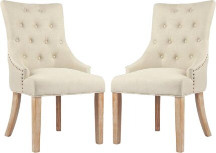 LSSPAID Dining Chairs Set of 2, Copper Nailhead Button Back Fabric Side Chair, Modern Fabric Leisure Padded Ring Chair, Mid-Century Solid Wood Upholstered Dining Chair, Beige