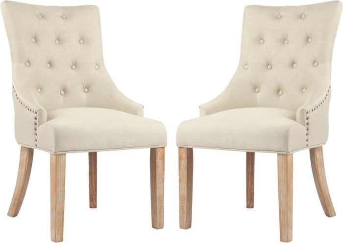 LSSPAID Dining Chairs Set of 2, Copper Nailhead Button Back Fabric Side Chair, Modern Fabric Leisure Padded Ring Chair, Mid-Century Solid Wood Upholstered Dining Chair, Beige