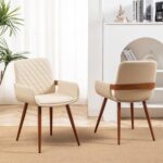 LUNLING Mid Century Modern Dining Chairs Set of 2,Accent Faux Leather Side Chairs Bentwood Frame with Armrest,Metal Legs Chairs,Adjustable Foot for Kitchen Room Desk Chairs(Cream White)