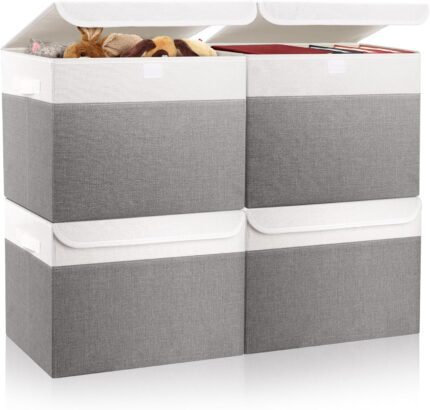 Large 22 Quart Linen Fabric Foldable Storage Bin Cube Organizer Basket with Flip-Top Lid & Handles, Clothes Blanket Box for Home, Office, Closet, Gray & White, 4 Pack 14.6 x 9.5 x 9.5”