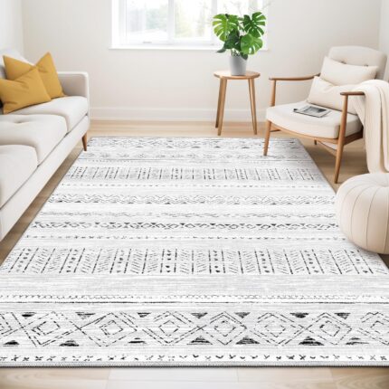 Large Living Room Area Rug 5x7: Soft Machine Washable Boho Moroccan Farmhouse Rugs for Bedroom Under Dining Table - Non-Slip Neutral Morden Indoor Floor Rug Carpet for Home Office Decor - Grey