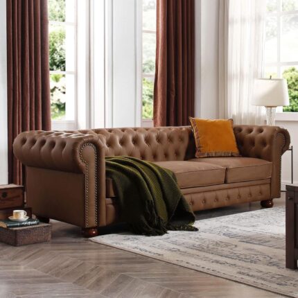 Leather Couches for Living Room, 3 Seater Classic Chesterfield Sofa Couch with Button Tufted Back and Roll Arms, 88.5-Inch Faux Leather Sofa with Nailhead Trim and Solid Wood Legs (Brown)