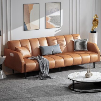 Leather Loveseat Sofa Bed, 78“ Futon Sofa Bed, Adjustable Futon Set Backrest, Sleeper Sofa Couch, Modern Decor Love Seat Couches, Upholstered Couch for Living Room, Bedroom, Orange