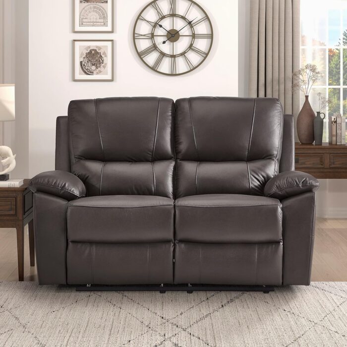 Lexicon 57.5”W Double Reclining Manual Wall Hugger Loveseat, 2 Seater Couch for Living Room/Office/RV, Theater Seating, Faux Leather, Brown