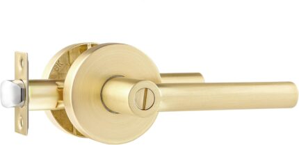 Leydebong 1 Pack Door Handles Gold, Privacy Door Lever Bed and Bath Lever Door Lock, Left or Right Handing, Satin Brass Finish