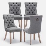 Linen Upholstered Dining Chairs Set of 4, Modern Style Kitchen Side Chairs with Nailhead Trim and Wood Leg, Metal Pulling Ring for Dining Room Living Room(Smoky Gray,Set of 4)