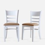 Livinia Cabin Dining Chair Set of 2, Solid Malaysian Oak PU Leather Upholstered Cushion Seat Wooden Ladder Back Side Chairs (White) Assembly Required