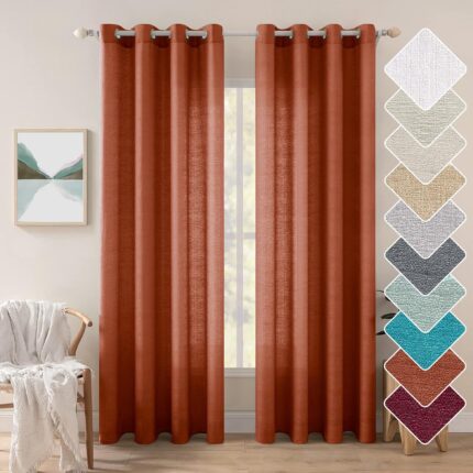 MIULEE Burnt Orange Linen Semi Sheer Curtains 2 Panels for Living Room Bedroom Linen Textured Light Filtering Privacy Window Curtains Terracotta Grommet Drapes Rust Boho Fall Decor W 52 x L 84 inches