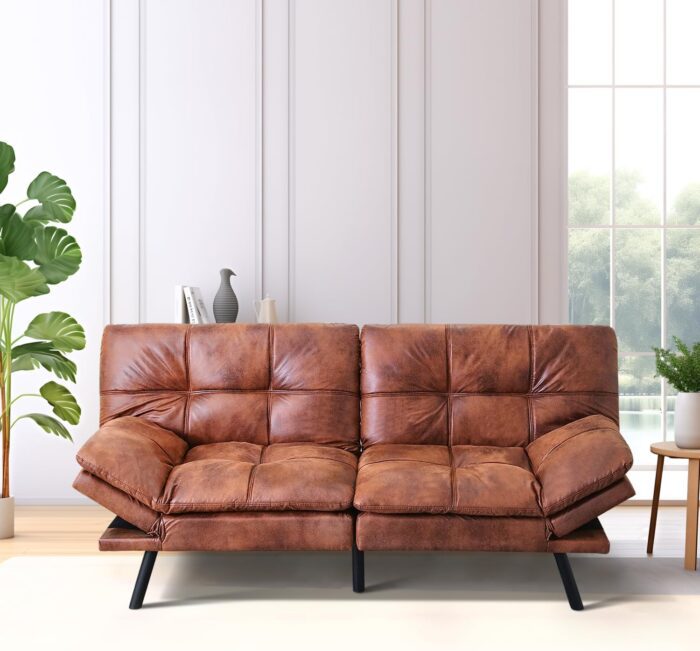 MUUEGM Futon Sofa Bed with Memory Foam,Couche for Living Room with Adjust Backrest and Armrest, Sofa Bed for Living Room,Studios, Apartments, Dormitories, Offices and Game rooms. Brown Leather Sofa