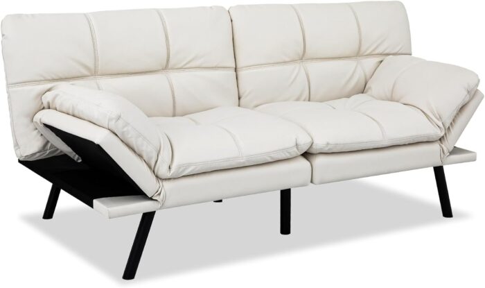 MUUEGM Futon Sofa Couch Bed, Convertible Memory Foam Faux Leather Couch Bed, Modern Love Seat Daybed Sofa for Living Room,Small Space,Office,71",Adjustable Backrests Armrests Couch Bed Sleeper, White