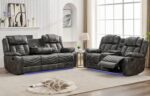 Manual Recliner Sofa Set with Wireless Charger for Living Room, Leather 3 Seater Reclining Sofa and Loveseat Seating Couch with Bass Speakers, LED Lights,Home Theater Love seat Sets with Console, Grey