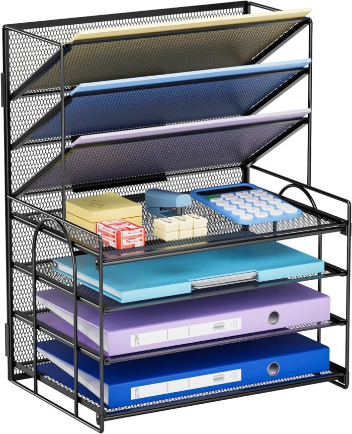 Marbrasse 4-Tier Desk Organizer + 3 Pockets File Holder, File Organizer Paper Tray, Mesh Desk Organizers and Accessories, Desktop Organizer for Home Office (Black)