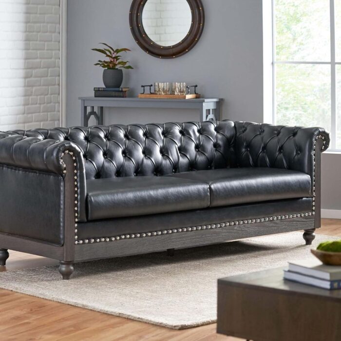 Merax PU Chesterfield Sofa, Retro Upholstered 3 Seater Leather Couch Rolled Arm for Living Room Bedroom Office, Black