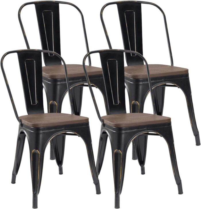 Metal Dining Chairs Classic Iron Stackable Industrial Vintage Trattoria Wooden Seat and Back, Indoor-Outdoor Side Settee for Home Bistro Cafe Kitchen Restaurant Set of 4, Black and Gold