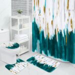 MitoVilla 4 Pcs Turquoise Blue Bathroom Sets with Shower Curtain and Rugs, Oil Painting Shower Curtain Sets with Rugs for Bathroom Decor, Abstract Bathroom Decor Curtain Sets with Mats and Accessories