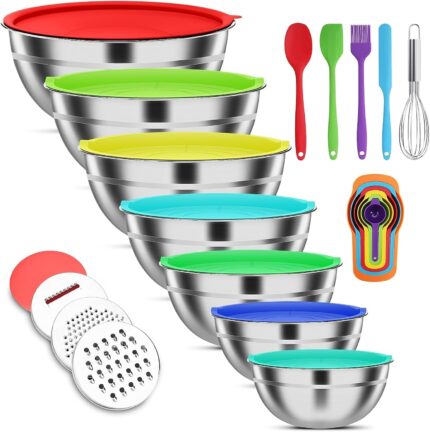 Mixing Bowls with Lids Set, 7 PCS Stainless Steel Mixing Bowls with 3 Grater Attachments,Size 5, 4.5, 3.5, 2.1, 1.5, 1.1, 0.7QT