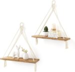 Mkono Macrame Hanging Shelves Boho Wall Decor Set of 2 Rustic Wood Floating Storage Shelf for Bedroom Bathroom Living Room Nursery Dorm Room, Display Shelving for Hanging Plants Photos