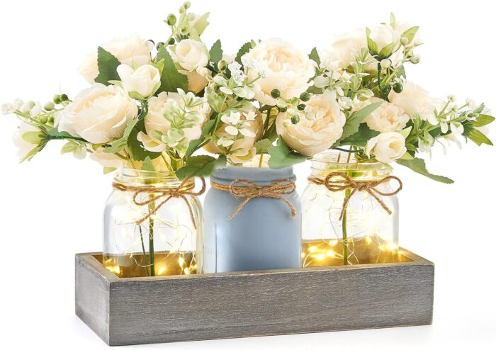 Mkono Mason Jar Lights Centerpiece Table Decorations for Dining Room Farmhouse Coffee Table Decor Tray with 3 Jars Flowers Christmas Centerpieces Decor for Kitchen Living Dining Room, Grey Blue