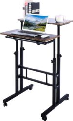 Mobile Standing Desk Adjustable Height Portable Stand Up Desk Computer Workstation Home Office Rolling Bedside Table Laptop Cart for Standing or Sitting (Rustic Brown)