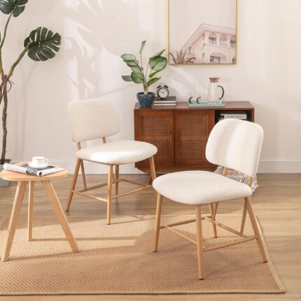 Modern Dining Chairs Set of 2, Teddy Fabric Padded Wide Seat Wishbone Chairs, Upholstered Dining Chairs with Wooden Legs, Armless Accent Chairs for Kitchen, Living Room, Cream