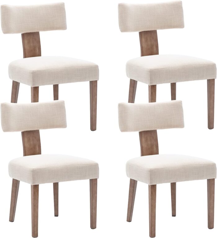 Modern Dining Chairs Set of 4, Comfy Upholstered Side Chairs with Wood Legs, Linen Fabric Dining Chairs with Curved Wingback for Living Room Dining Room, Beige