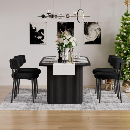 Modern Dining Chairs Set of 4, Round Upholstered Boucle Sherpa Dining Chairs, Curved Backrest Kitchen Dining Room Chairs, Mid-Century Black Dining Chair with Black Metal Legs