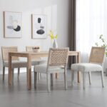 Modern Farmhouse Dining Chairs Set of 4, Linen Upholstered Kitchen Chairs with Rattan Back, Solid Wood Accent Side Host Chair, for Dining Room/Dinner, Ivory