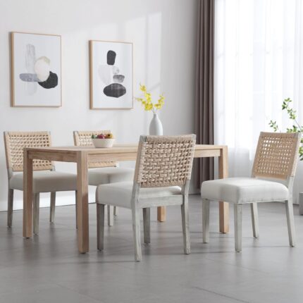 Modern Farmhouse Dining Chairs Set of 4, Linen Upholstered Kitchen Chairs with Rattan Back, Solid Wood Accent Side Host Chair, for Dining Room/Dinner, Ivory