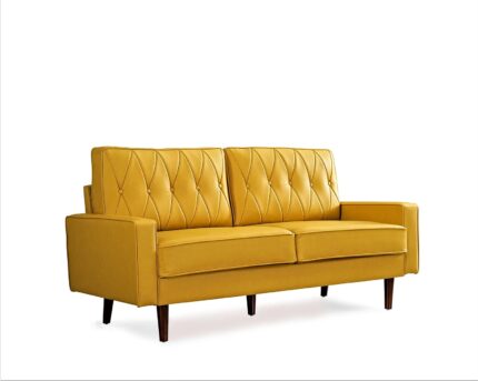 Modern Style Faux Leather Sofa with Elegant Round Tapered Legs and Button Tufted Backrest Perfect for Living Room, Bedroom or Home Office, 69.3’’ Wide, Musterd Yellow