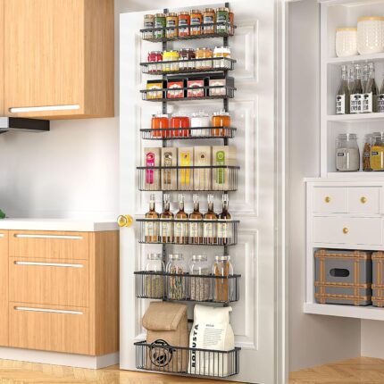 Moforoco 8-Tier Over The Door Pantry Organizer, Pantry Organization and Storage, Black Hanging Basket Wall Spice Rack Seasoning Shelves, Home & Kitchen Laundry Room Bathroom Essentials accessories