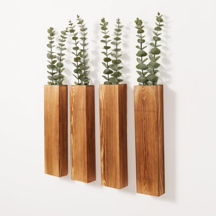 Mokof Wood Wall Planters with Artificial Eucalyptus, Modern Farmhouse Wall Decor for Living Room, Bedroom, Bathroom, Wooden Pocket Hanging Wall Vase with Faux Plant Decor (4 Pack)