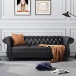 NOSGA Modern 3 Seater Couch, Large Sofa Furniture, Roll Arm Classic Tufted Chesterfield Settee Leather Sofa with Channel Tufted Seat Back for Living Room, Black PU