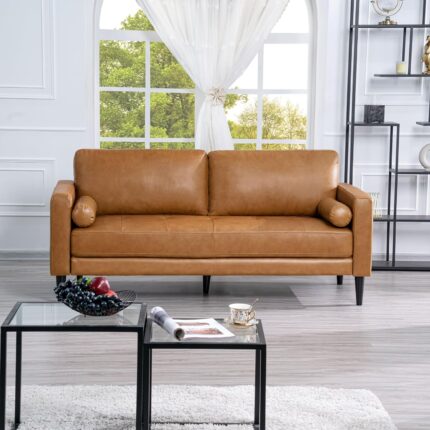 Naomi Home Marisa Genuine Leather Sofa - Revel in Exquisite Leather Opulence - Unparalleled Luxury Mid-Century Leather Sofa - Embodiment of Cozy Lounging and Contemporary Design, Tan