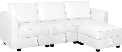 Naomi Home Modern Reversible Air Leather Sectional Sofa Couch with Chaise, Elizabeth L-Shaped Modular Convertible Sofa for Apartments with Storage, White