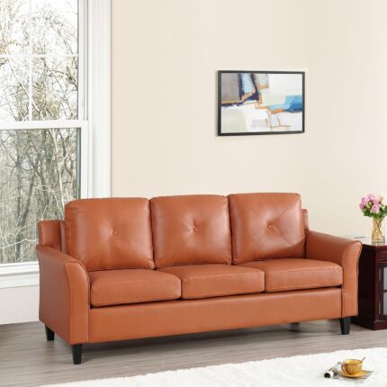 Naomi Home Raelynn Button Tufted Sofa Affordable Caramel Modern Sofa - Air Leather Couch for Small Spaces Sofa Cama para Sala Modernos Baratos - Durable Sturdy Living Room Furniture Tool-Free Assembly