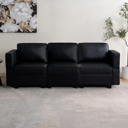 Naomi Home Sarah Modular Sofa Couch with Storage Seats Air Leather 3 Seater Sofa for Living Room - Black